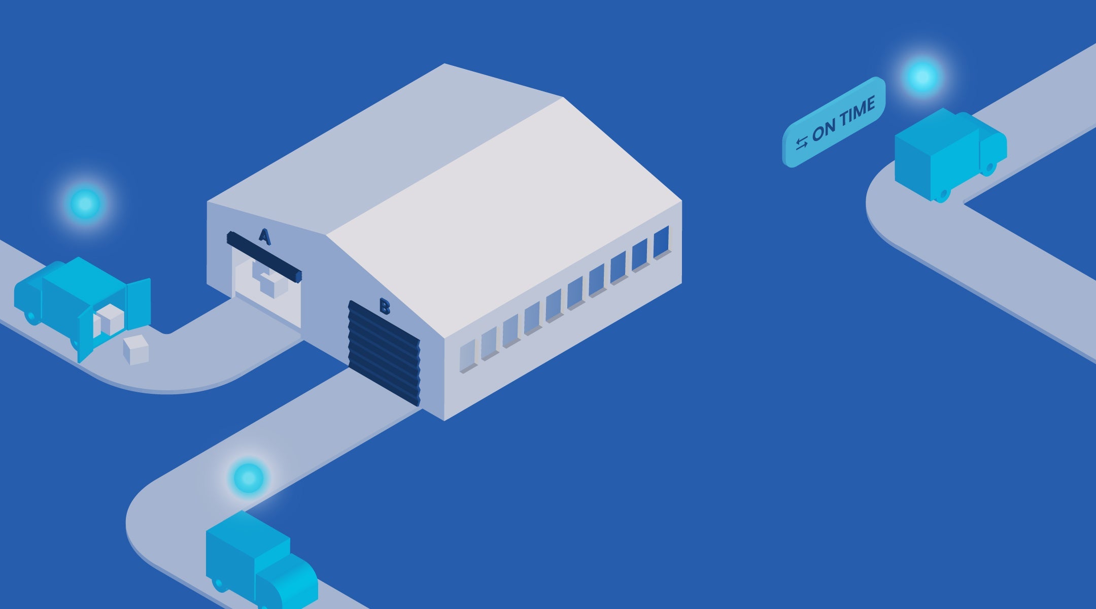 Third-party logistics warehouse with GPS-tracked delivery vehicles