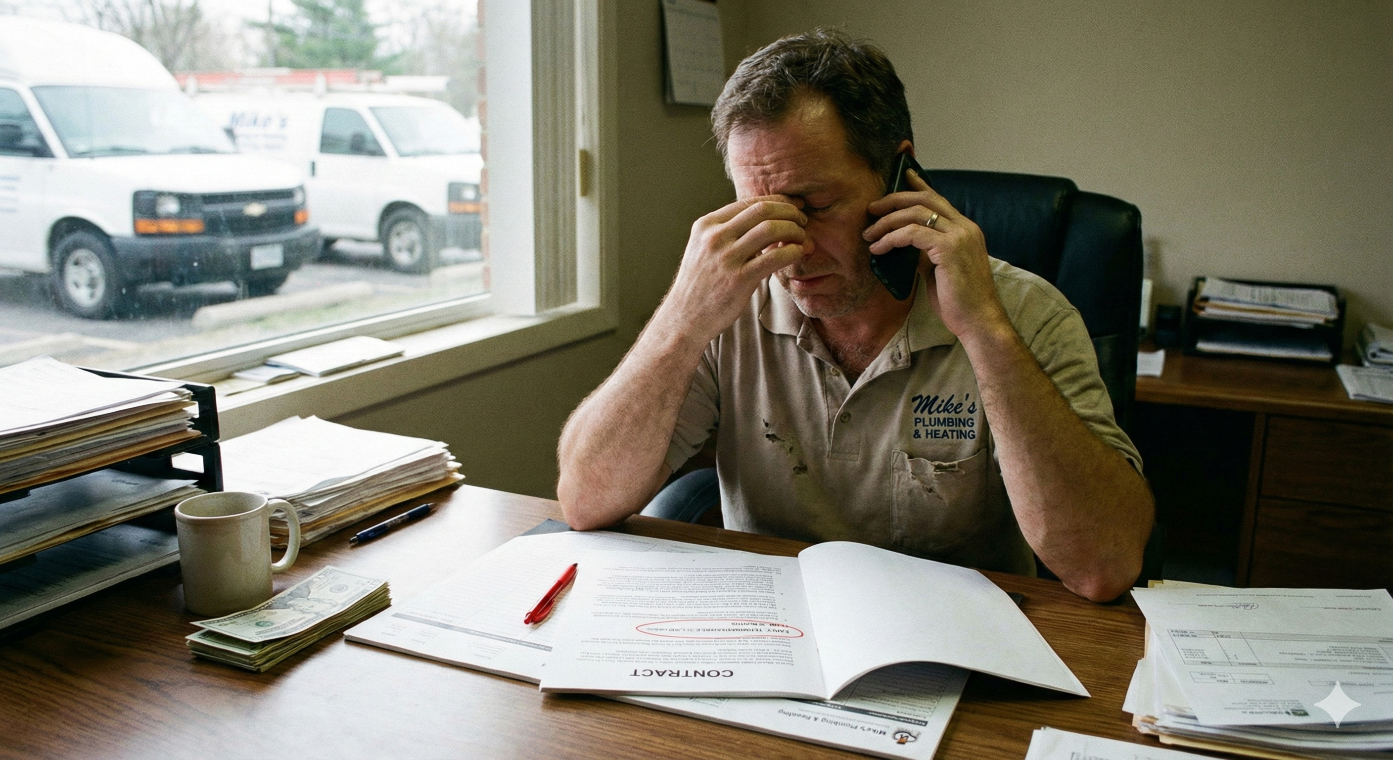 Small business owner frustrated reading long-term fleet tracking contract