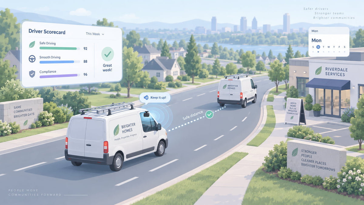 Service van with an AI dash cam alert and a weekly driver scorecard, illustrating driver coaching for small fleets
