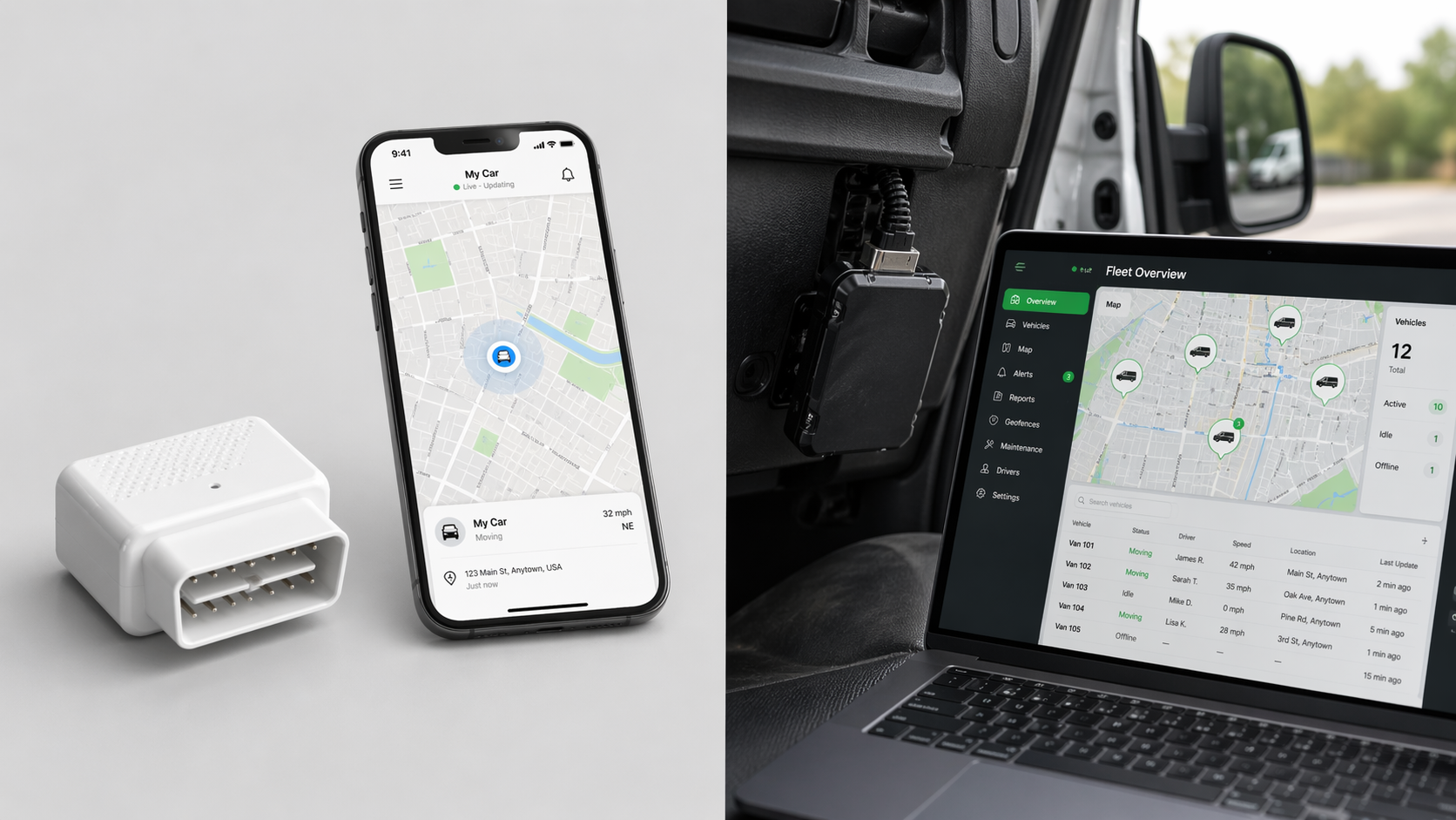 Bouncie OBD tracker next to Spytec GPS fleet tracker installed in service van dashboard