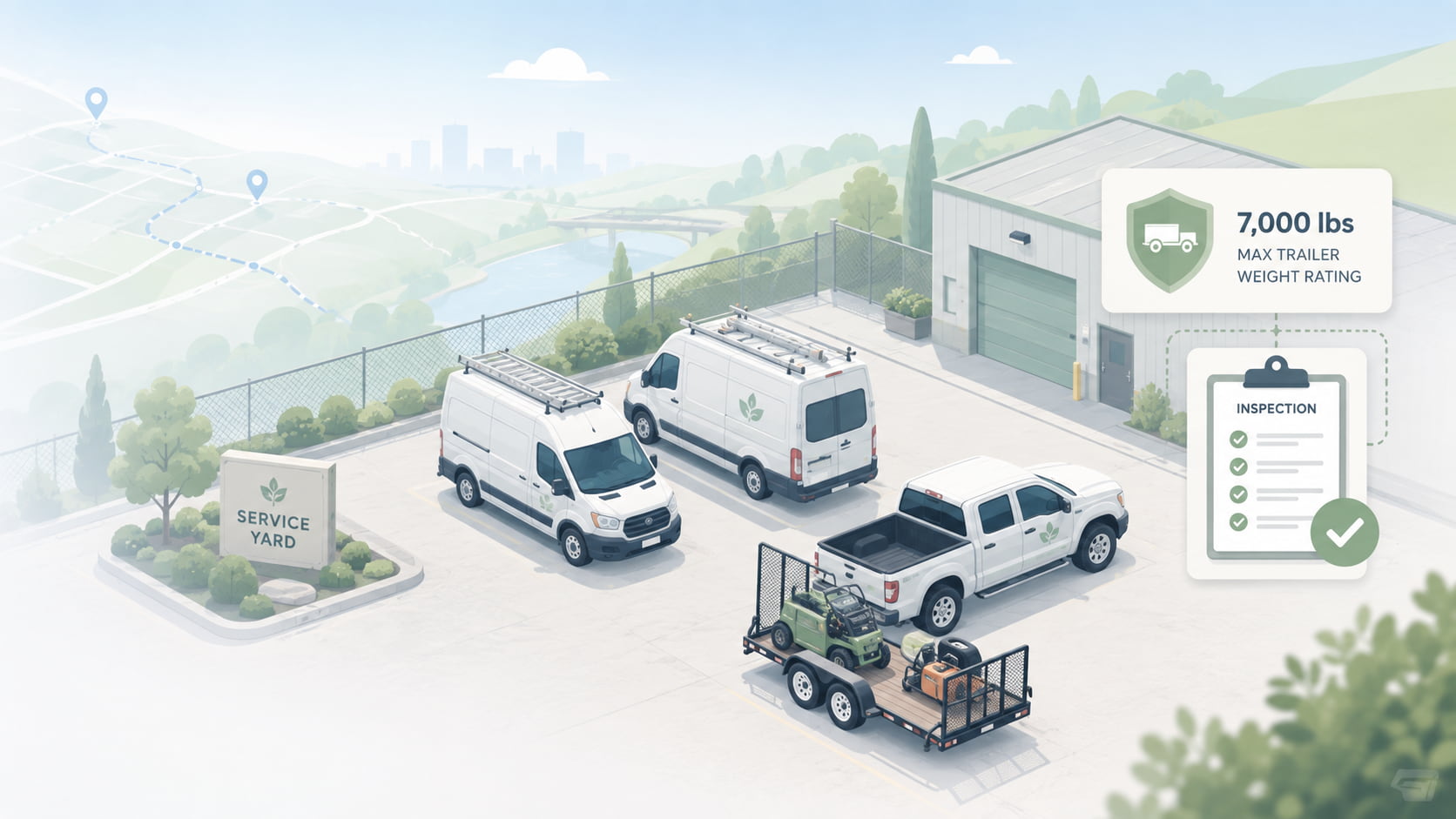 Isometric illustration of service vans and an equipment trailer at a yard with weight rating and inspection document icons