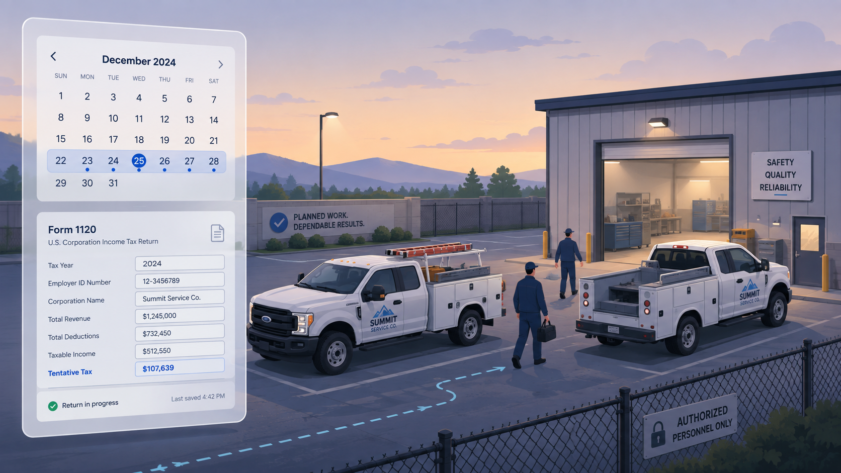 Isometric illustration of service trucks at a yard with a calendar and tax form, representing Section 179 vehicle deduction planning for service fleets