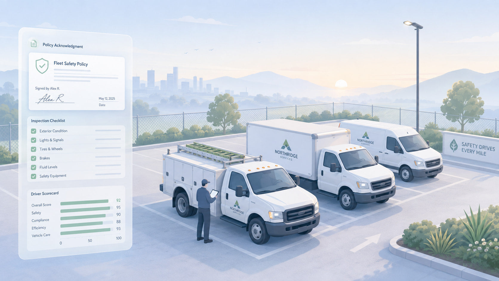 Isometric illustration of a service fleet yard with a signed safety policy document, driver scorecard panel and parked work trucks, representing a written fleet safety program