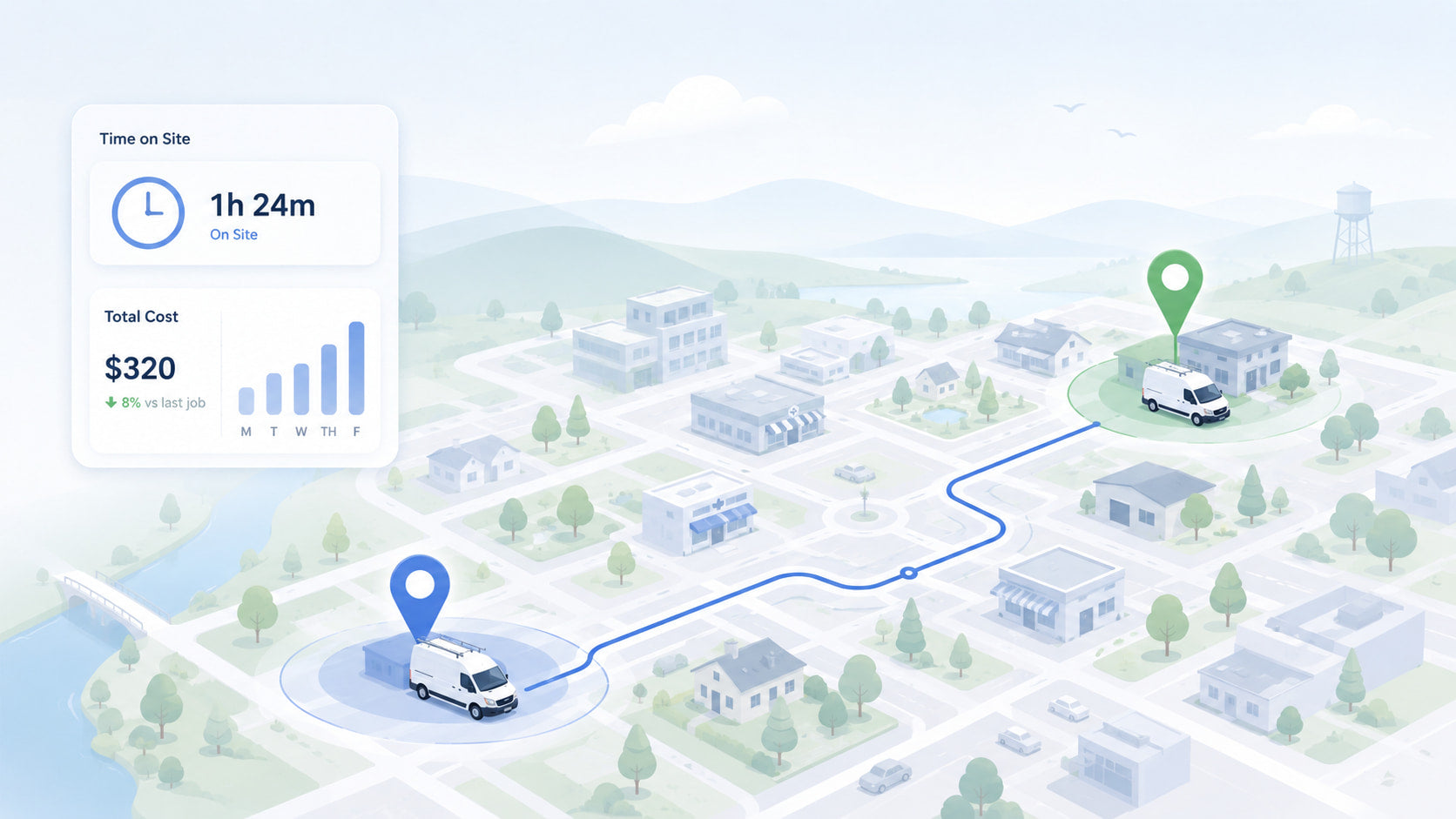 Isometric illustration of service vans, job-site pins, route lines and a cost dashboard for fleet job costing