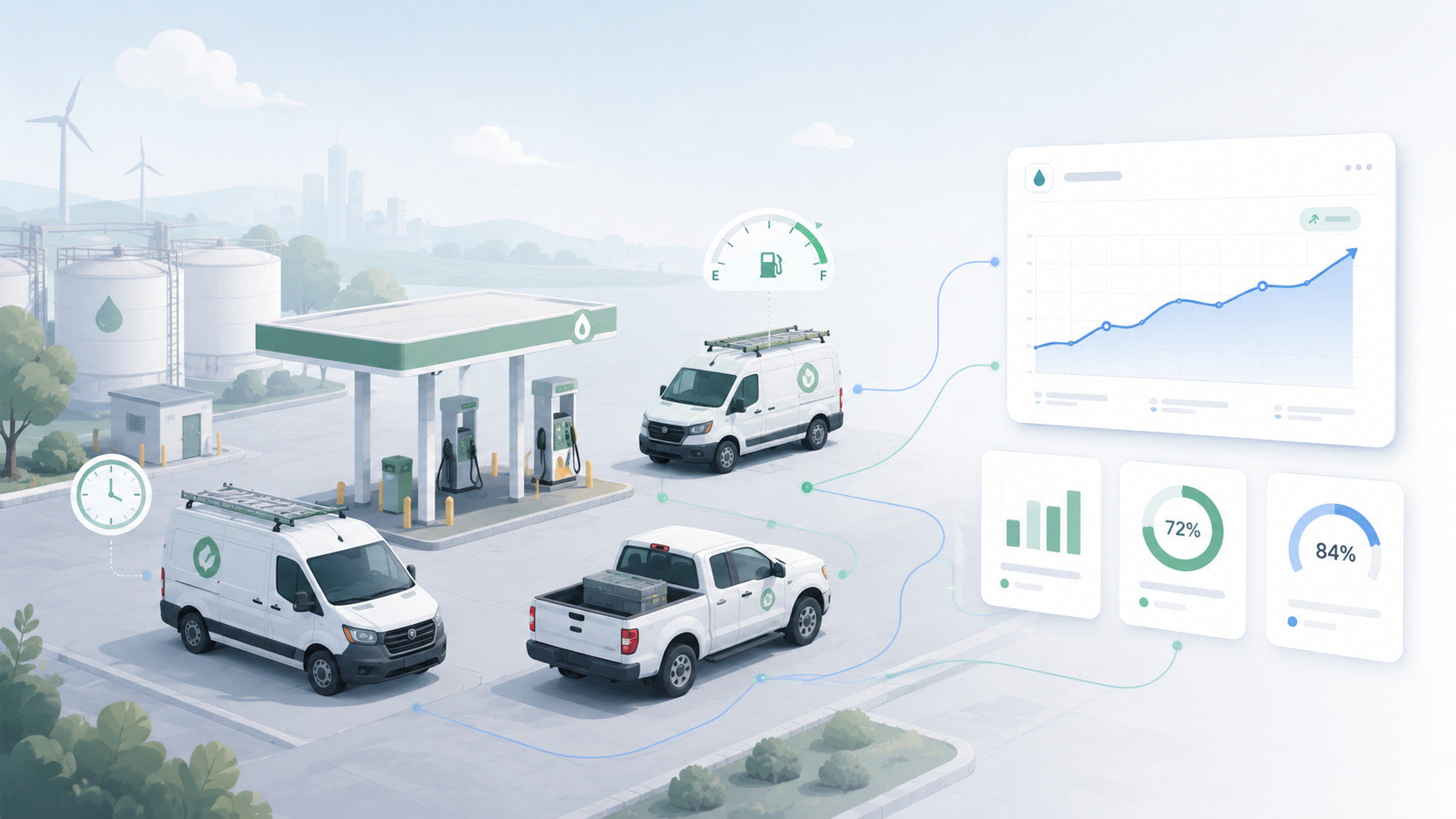Isometric illustration of service vans at a fuel station with cost data panels and route lines showing fleet fuel statistics