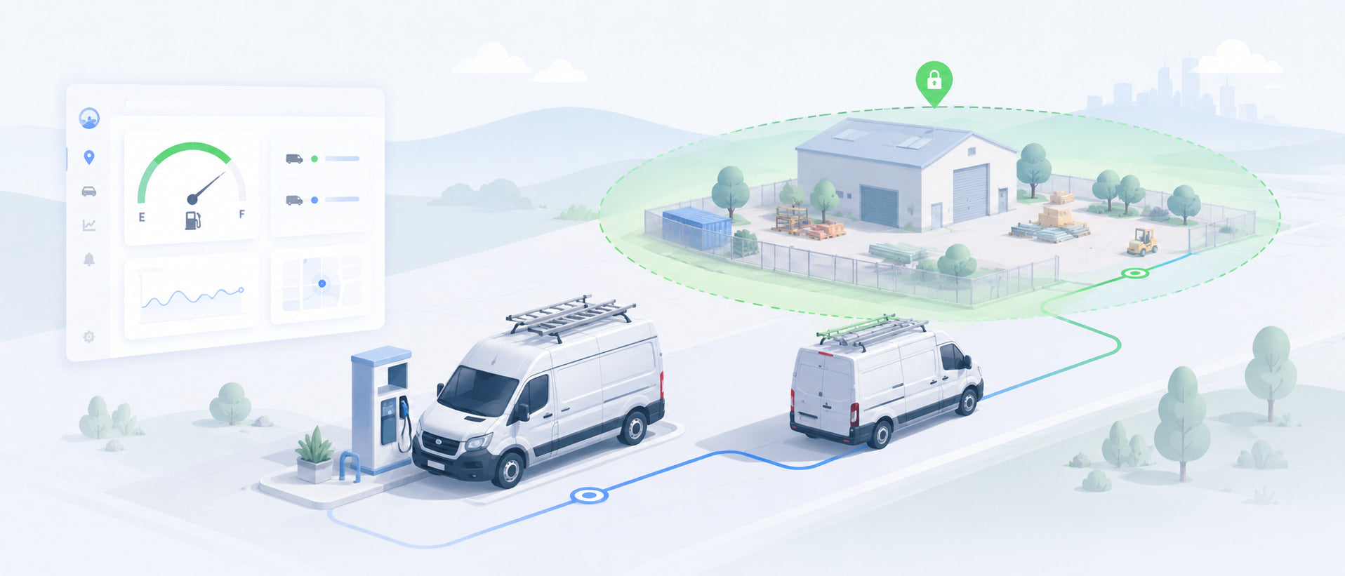 Isometric illustration of service vans, a fuel pump, and route lines showing fleet fuel tracking