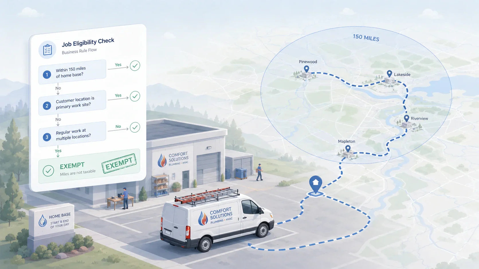 Isometric illustration of a small service fleet van with a decision checklist showing 2026 ELD exemption for local fleets