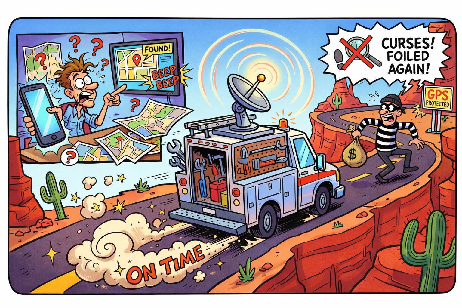 Service truck with GPS tracker installed under dashboard at a commercial job site