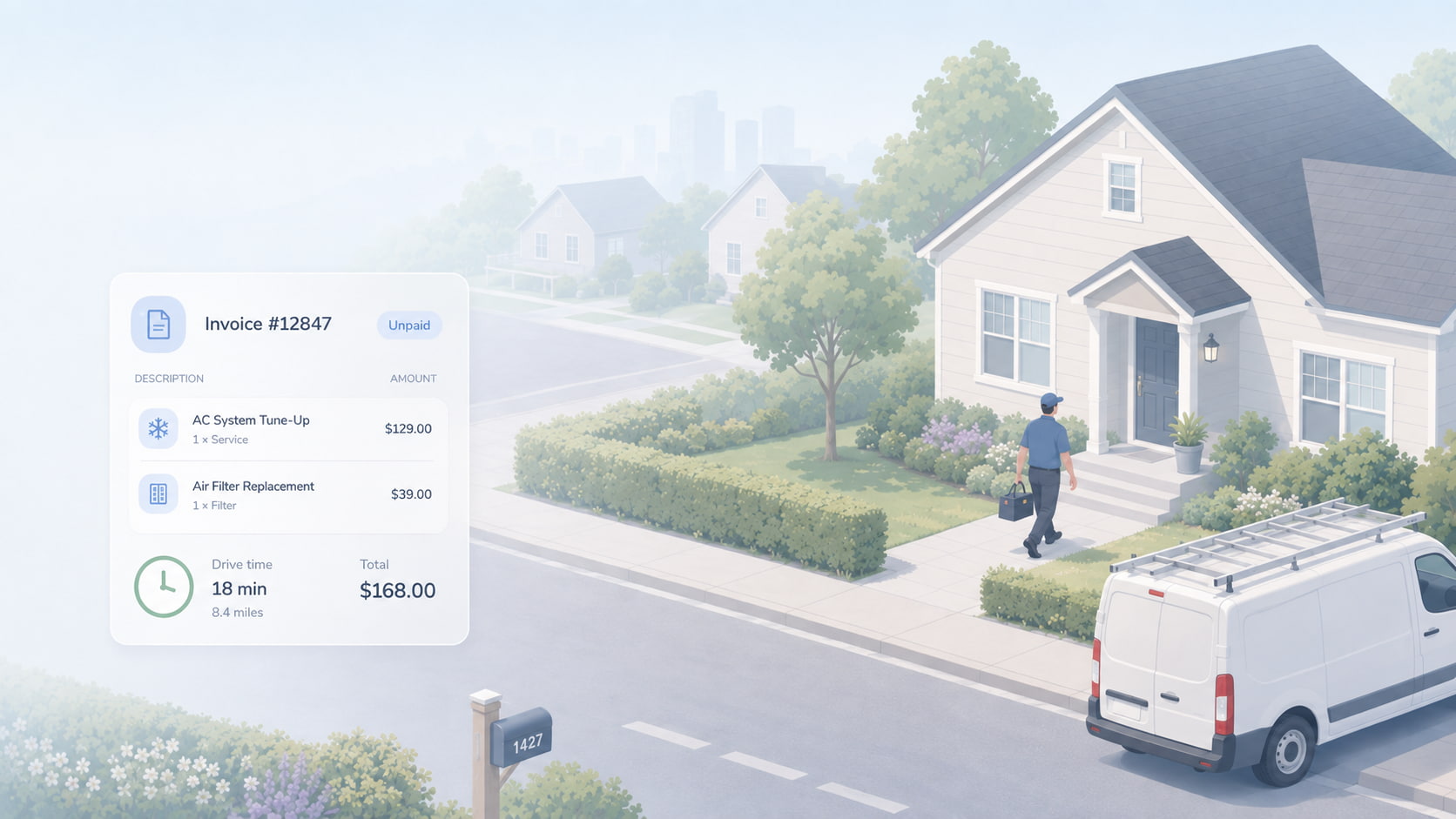 Isometric illustration of a service van at a residential address with a technician and a floating invoice panel showing a trip charge and diagnostic fee, representing service call pricing