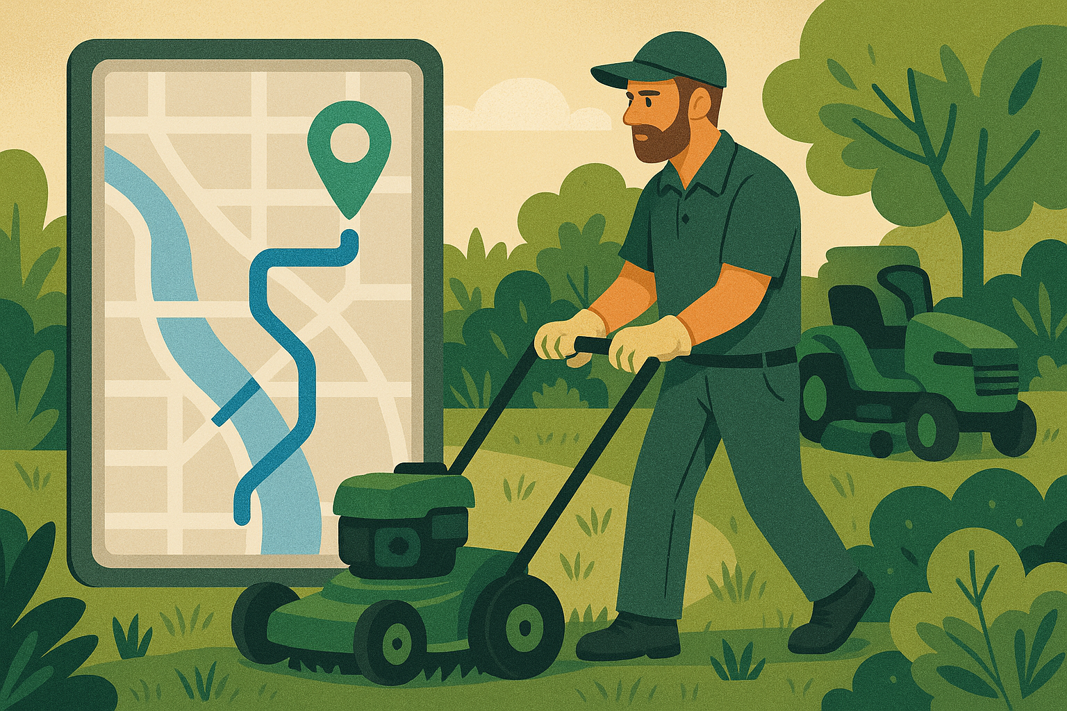 Landscaping crew member with GPS fleet tracking route map showing optimized service stops
