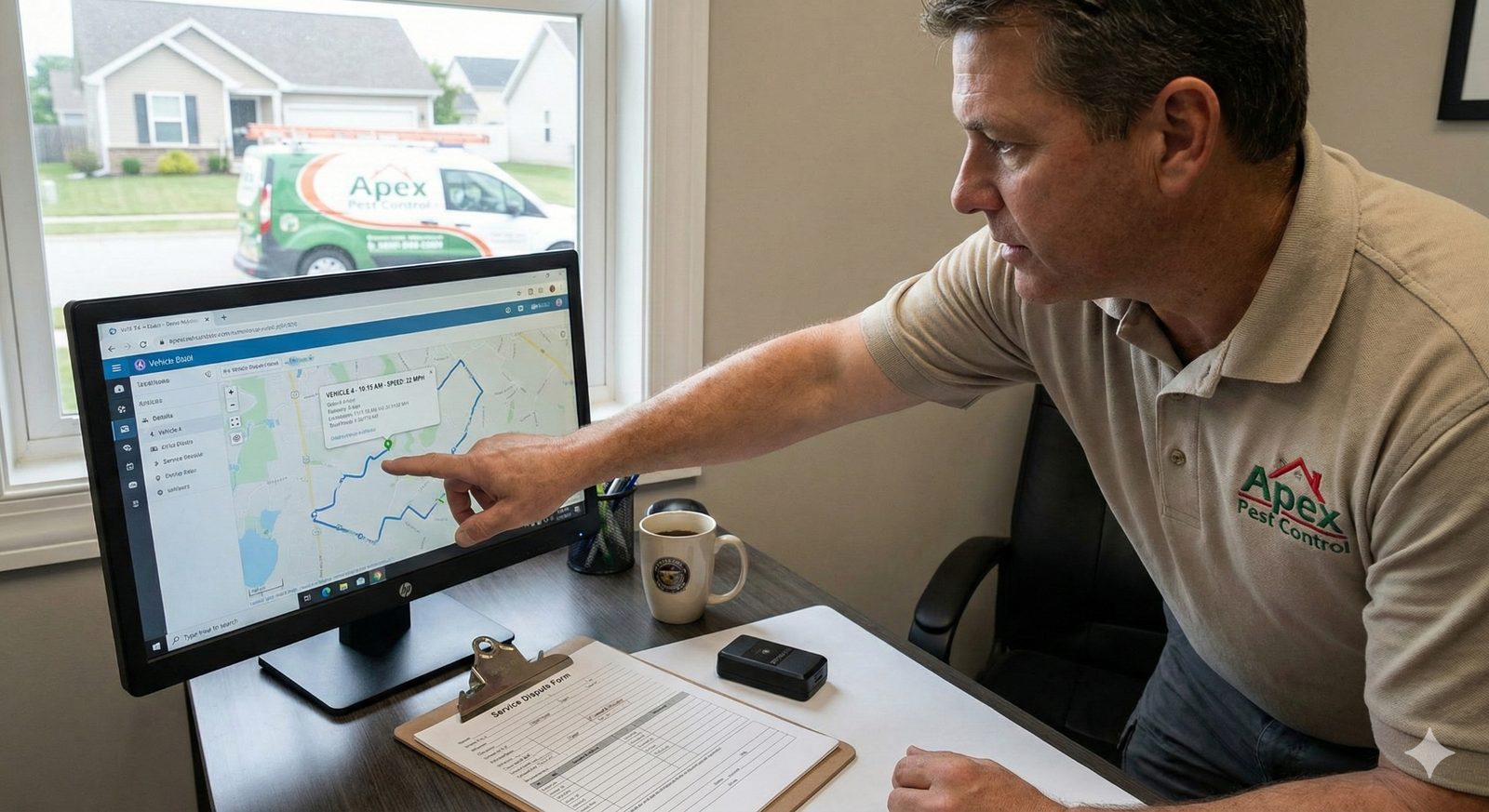 Pest control technician checking GPS tracking data on route
