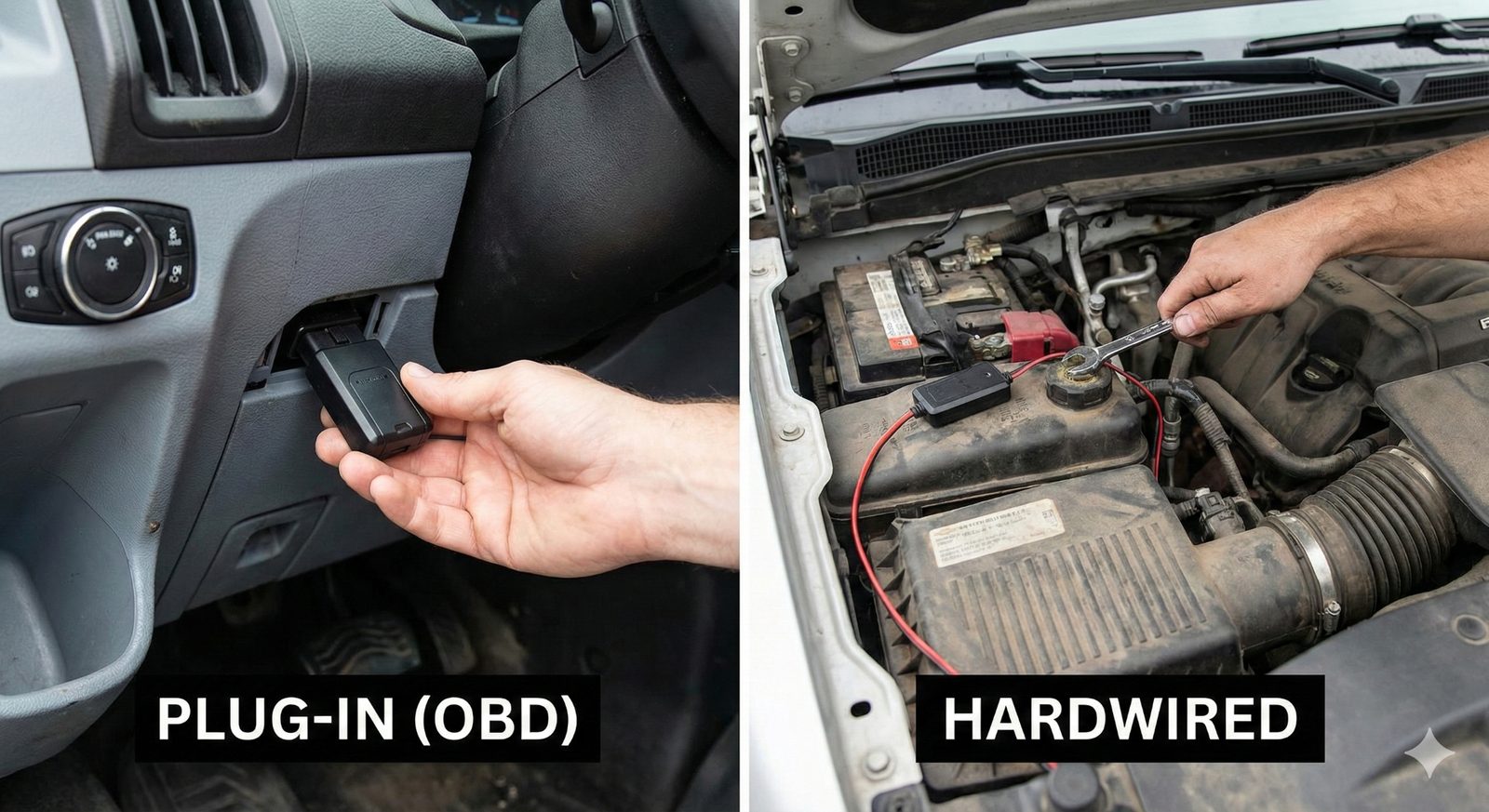 Side by side comparison of OBD plug-in and hardwired GPS trackers