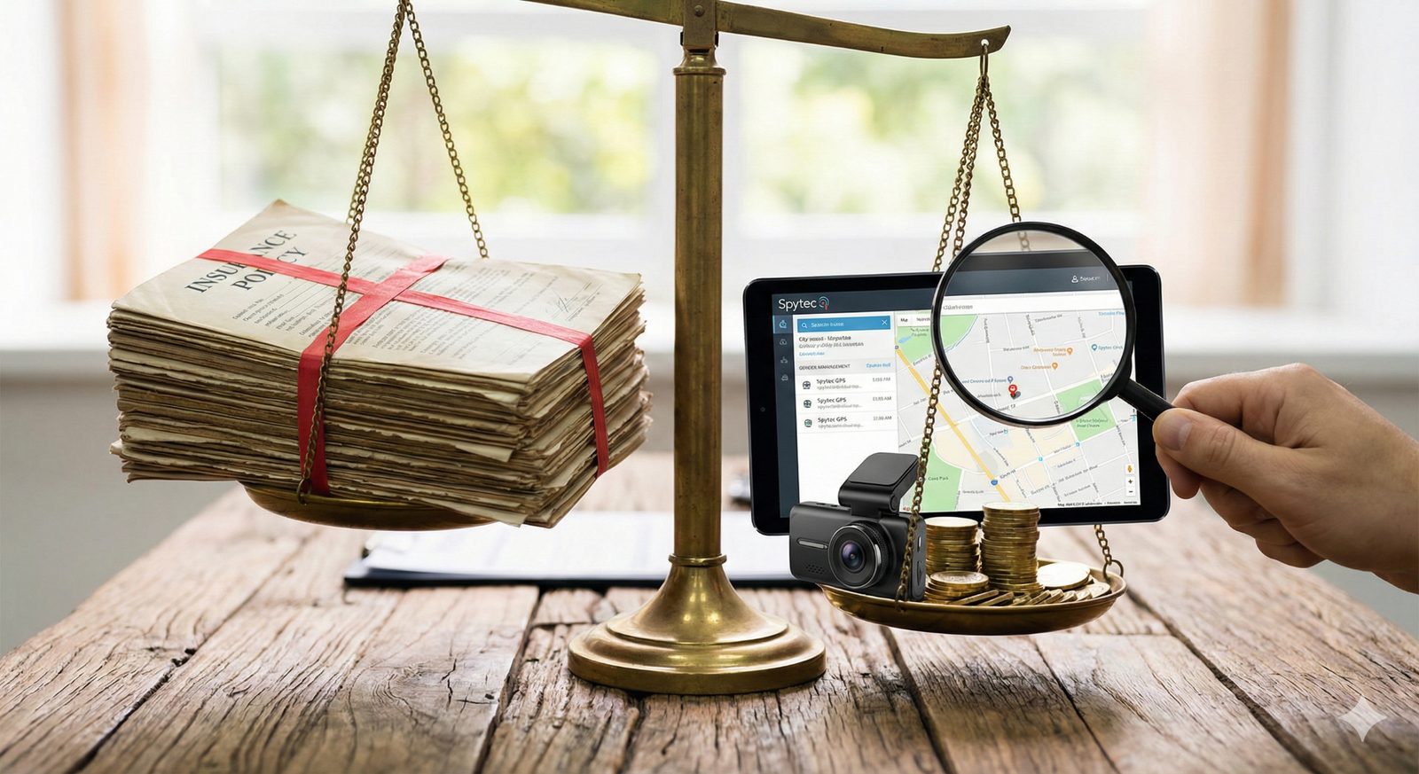 Fleet manager reviewing commercial auto insurance documents with GPS tracking data on tablet to lower premiums