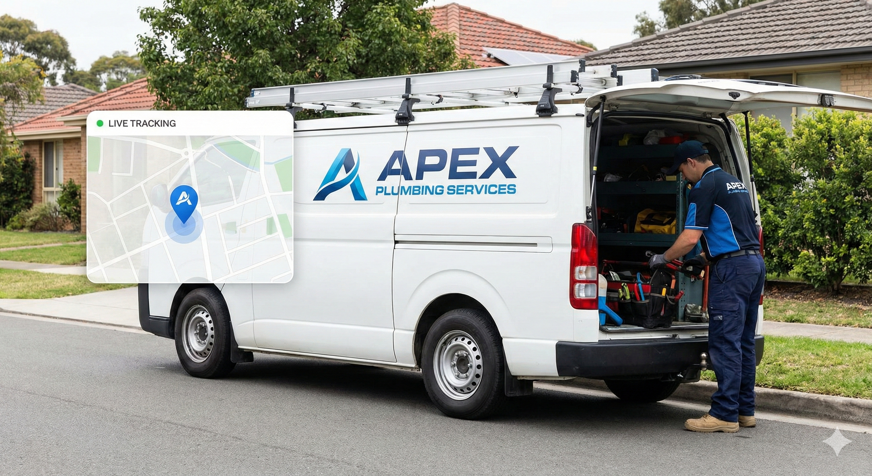 Branded plumbing service van with GPS fleet tracking for emergency dispatch and billable hour logging