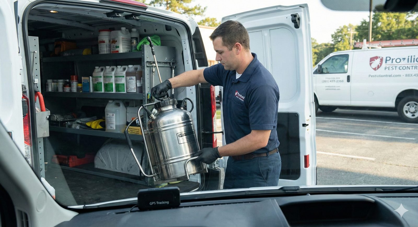 Pest control fleet vehicles lined up with GPS tracking active
