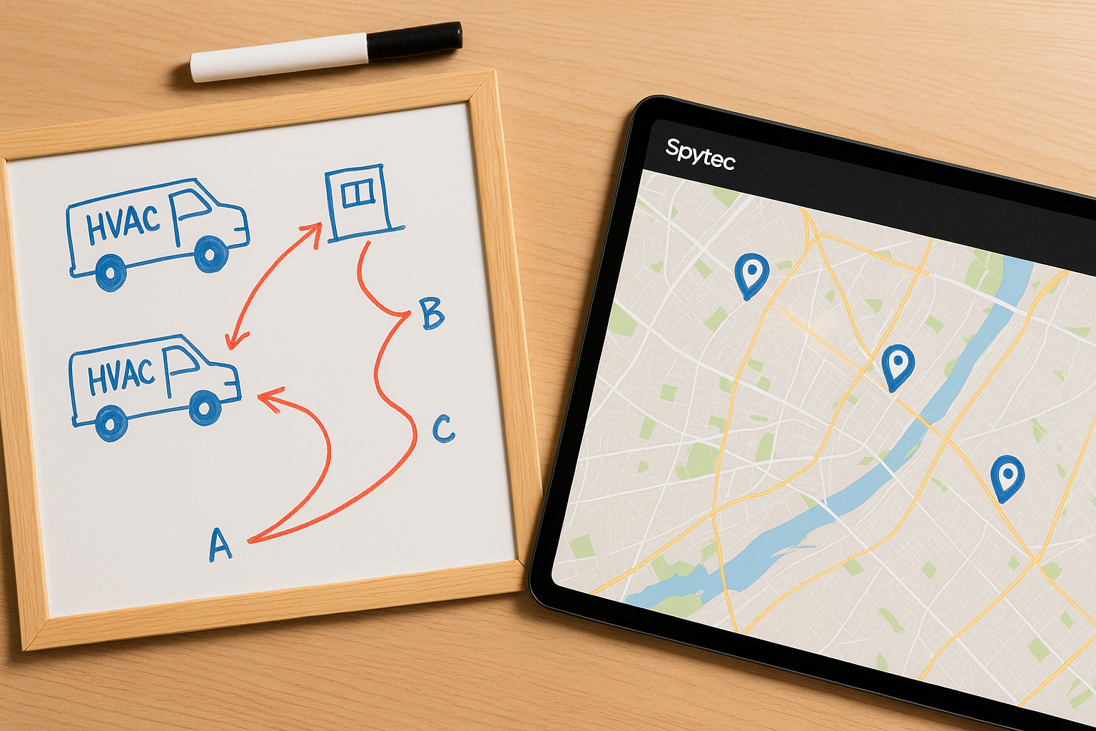 Spytec GPS fleet tracking dashboard showing HVAC service vehicle routes on multiple devices