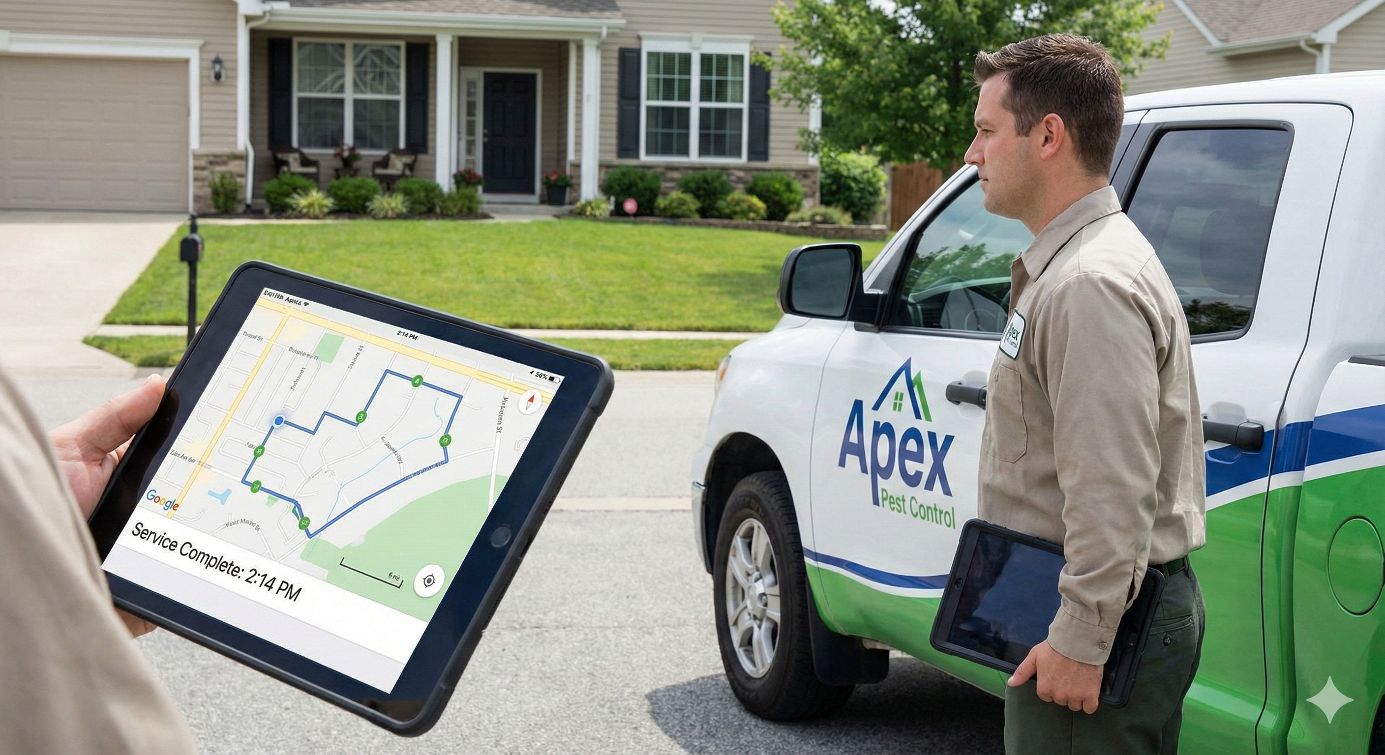 Pest control technician using GPS fleet tracking tablet to verify service route at residential property