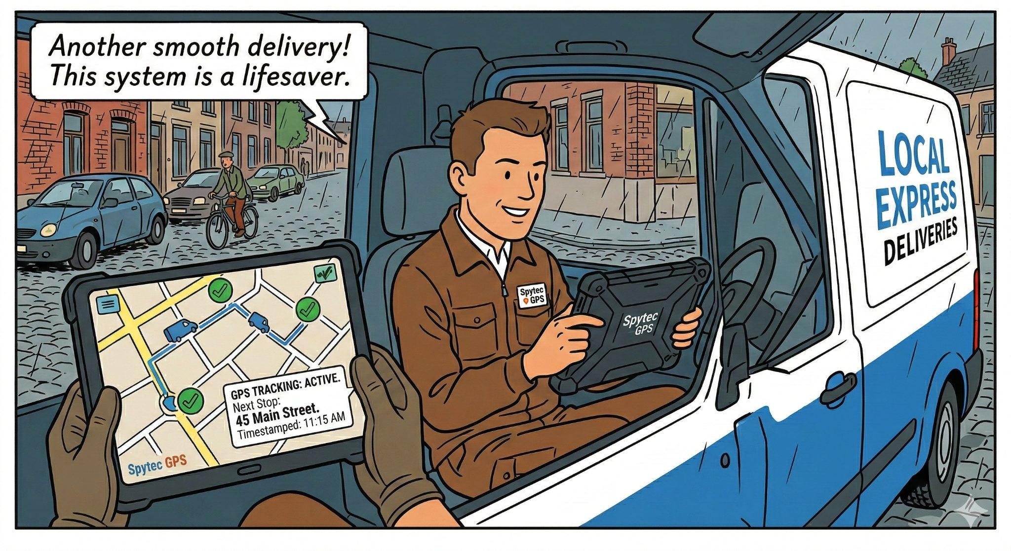 Delivery van fleet with GPS tracking dashboard showing real-time route map and drop-off timestamps