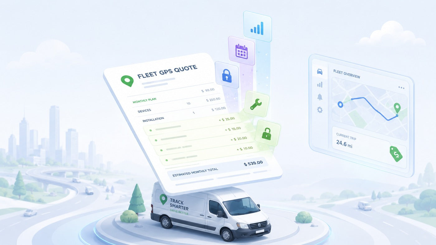 Isometric illustration of a fleet GPS quote document with hidden cost line items and a truck — fleet tracking hidden costs
