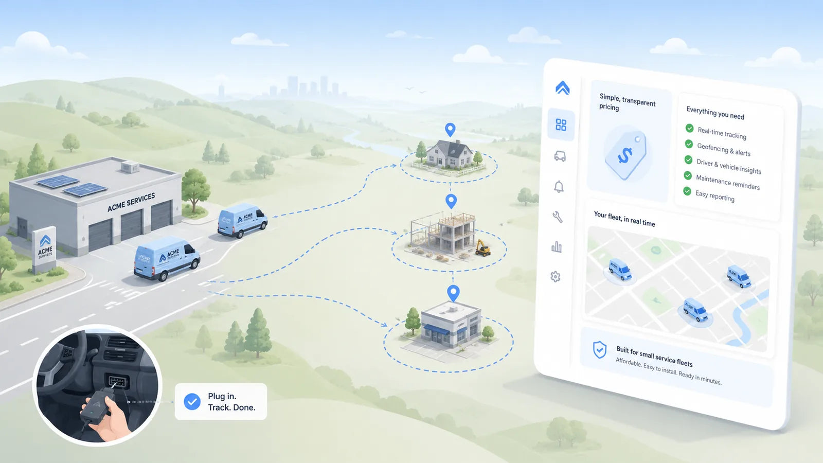 Geotab vs Spytec fleet GPS comparison — small service vans, route lines, and a transparent pricing panel