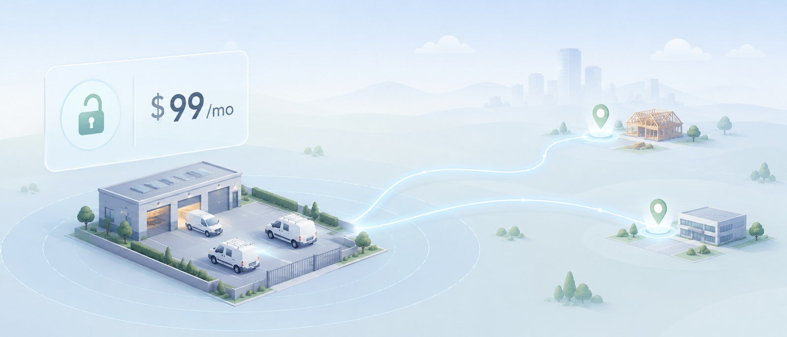 Isometric small service fleet with month-to-month GPS tracking, no contract — vans, route lines, transparent pricing panel