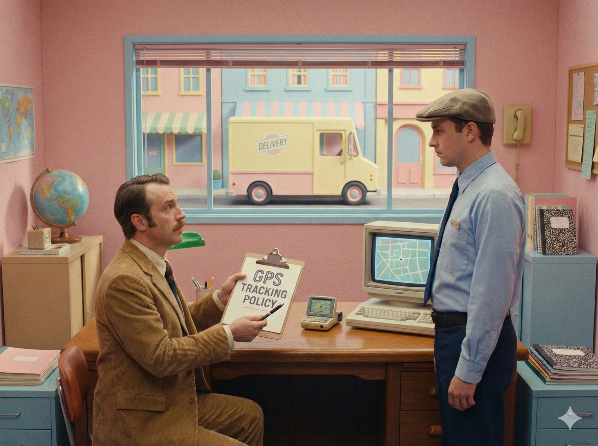 Service fleet manager reviewing GPS tracking policy document with employee next to company work van