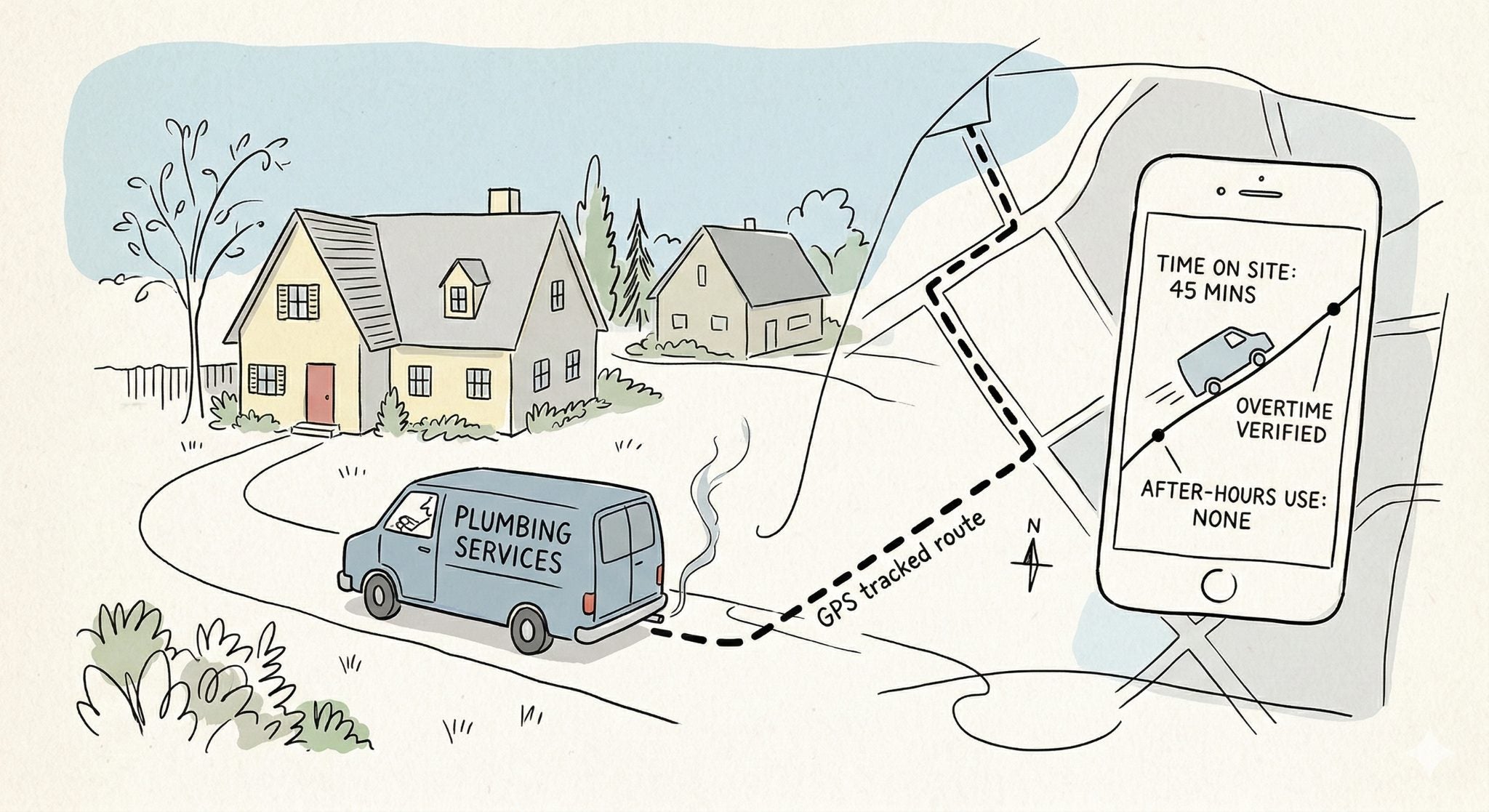 Plumbing service van parked in residential driveway with GPS tracking app showing after-hours route data