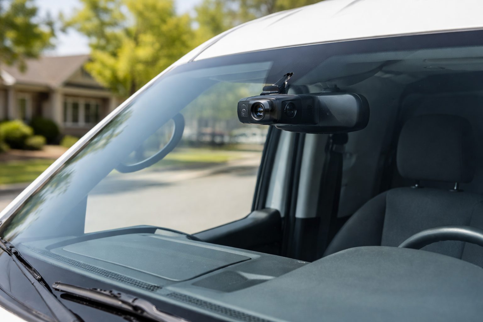 Service van windshield showing a dual-facing commercial dash cam for fleet vehicles mounted near the rearview mirror