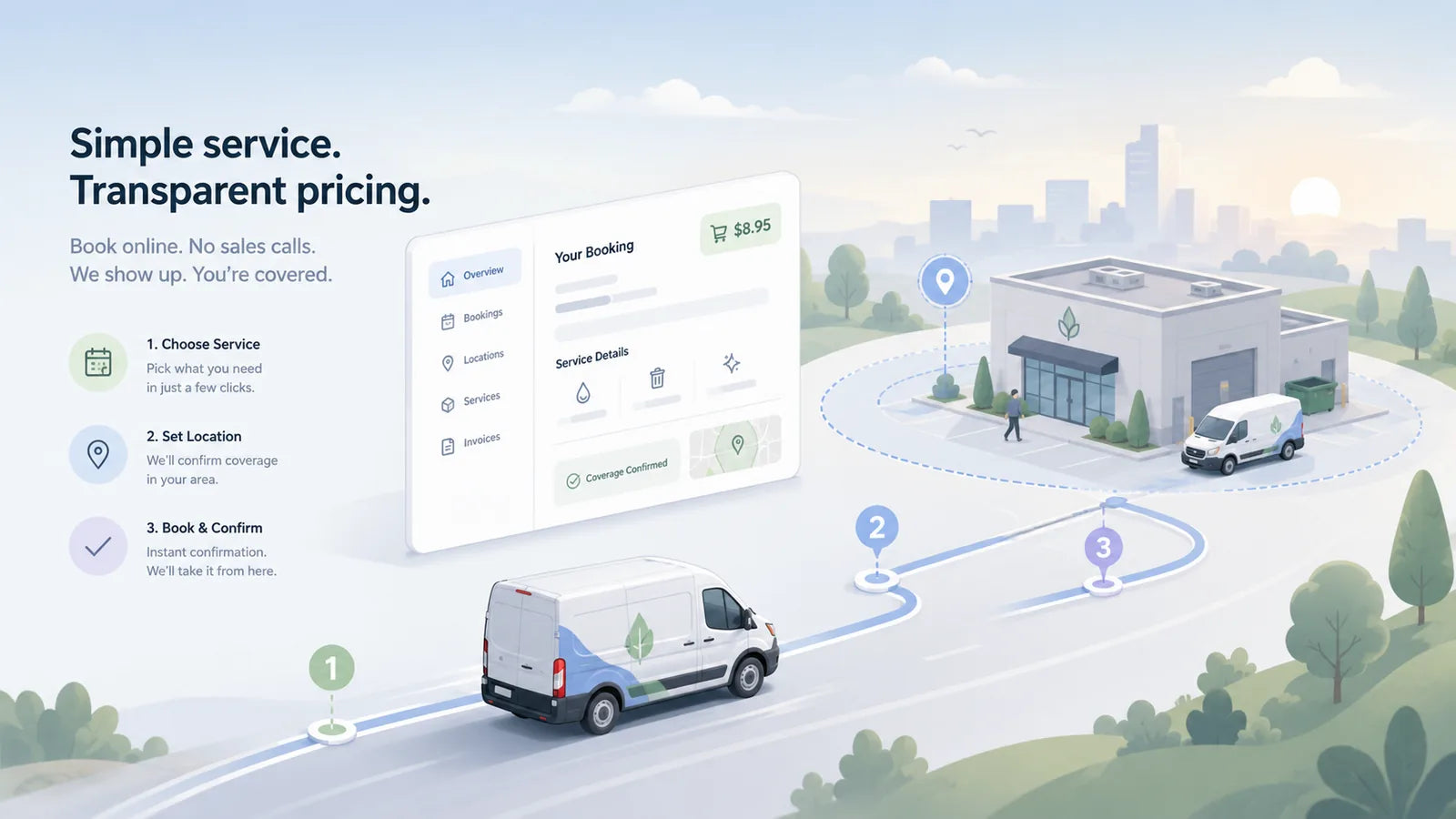 GPS Insight alternative comparison — service van, transparent pricing panel, and route lines for small fleets