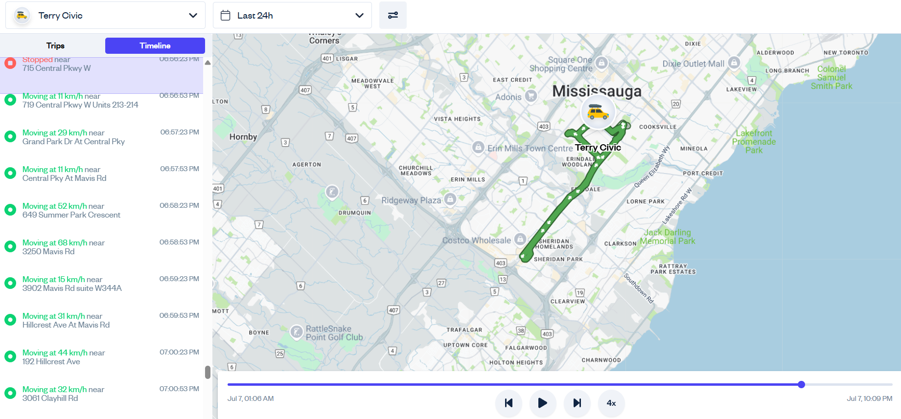 Spytec GPS Time Machine feature showing vehicle location history on map