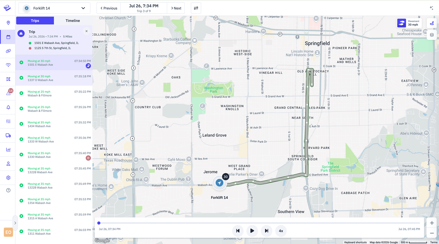 Trip history replaying one vehicle’s day, with every stop and event on the route