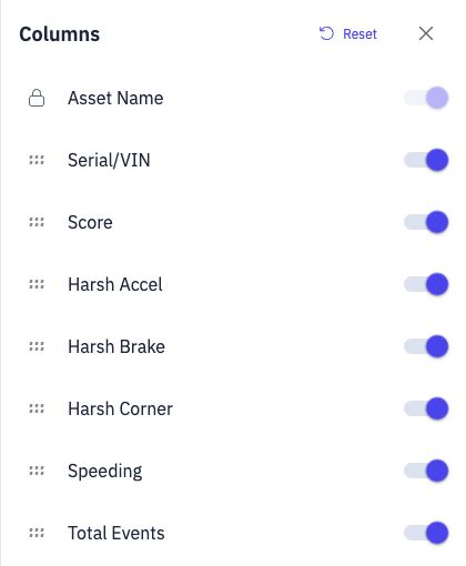 Driving Behavior Report column controls for score, harsh acceleration, harsh braking, harsh cornering and speeding