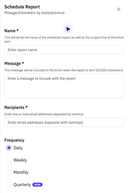 Report scheduler with empty name, message and recipient fields and daily, weekly, monthly and quarterly delivery options