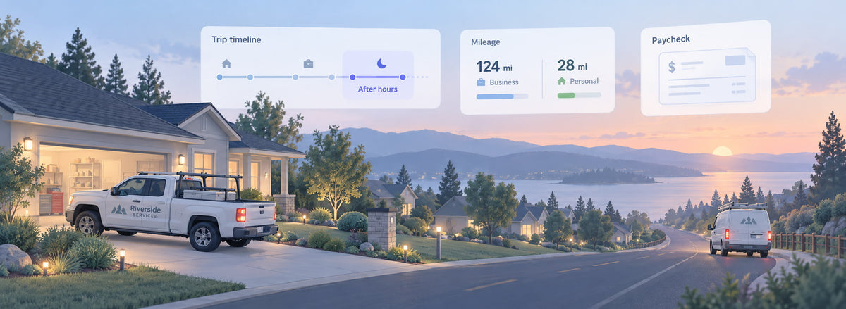 Take-home service truck in a driveway at dusk with trip and mileage panels showing personal use of a company vehicle