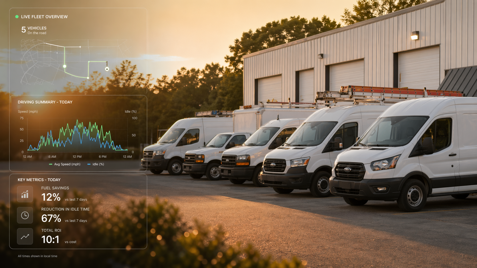 Fleet of service vans at small business with GPS tracking data overlay showing fleet management statistics