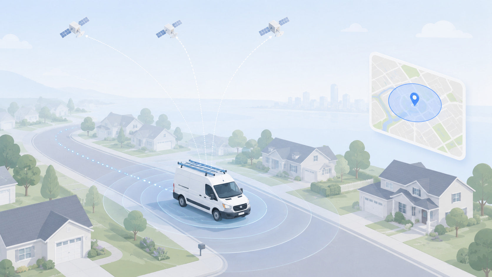  Isometric illustration of a service van on a city street with GPS accuracy rings and satellite signal lines