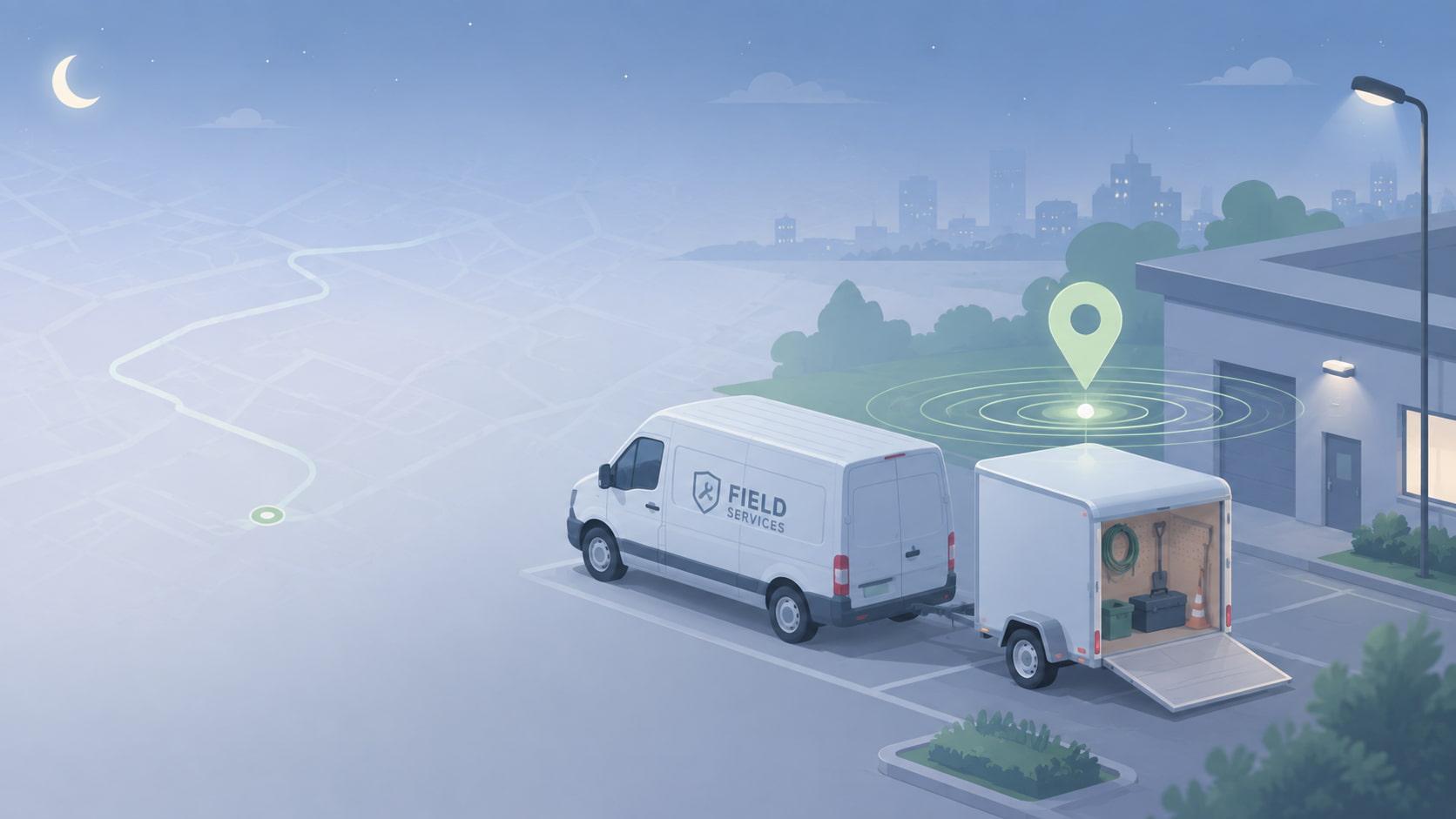Isometric illustration of a service van and open trailer at night with a GPS location pin and alert rings
