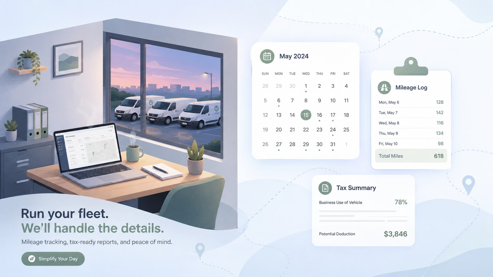 Isometric illustration of service vans at a yard with a calendar, mileage figures and a tax form floating alongside
