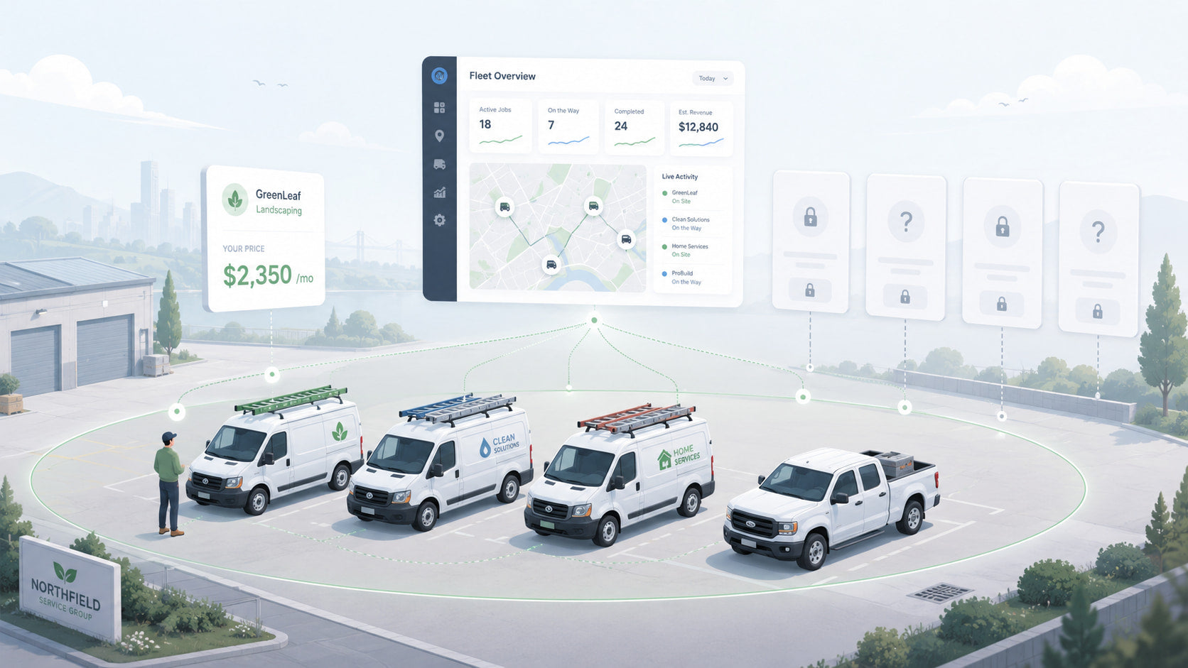 Isometric illustration of a small service fleet with a transparent price tag beside four locked, hidden price cards