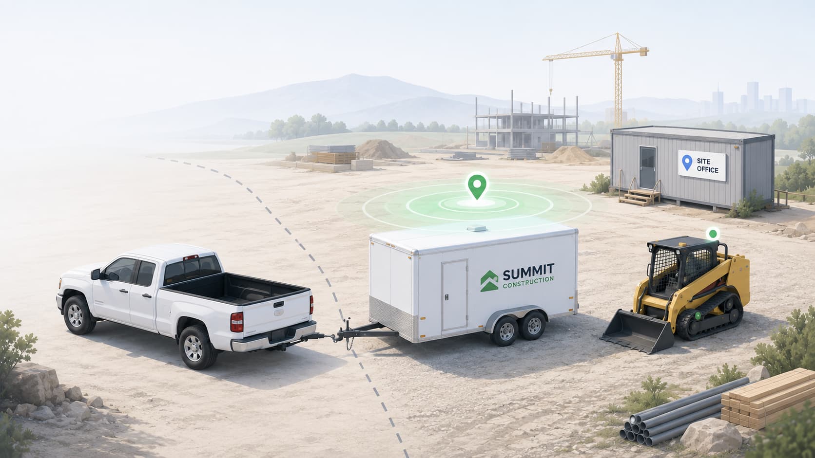 Isometric illustration of a contractor pickup towing a company trailer with a GPS signal above the trailer, not the truck