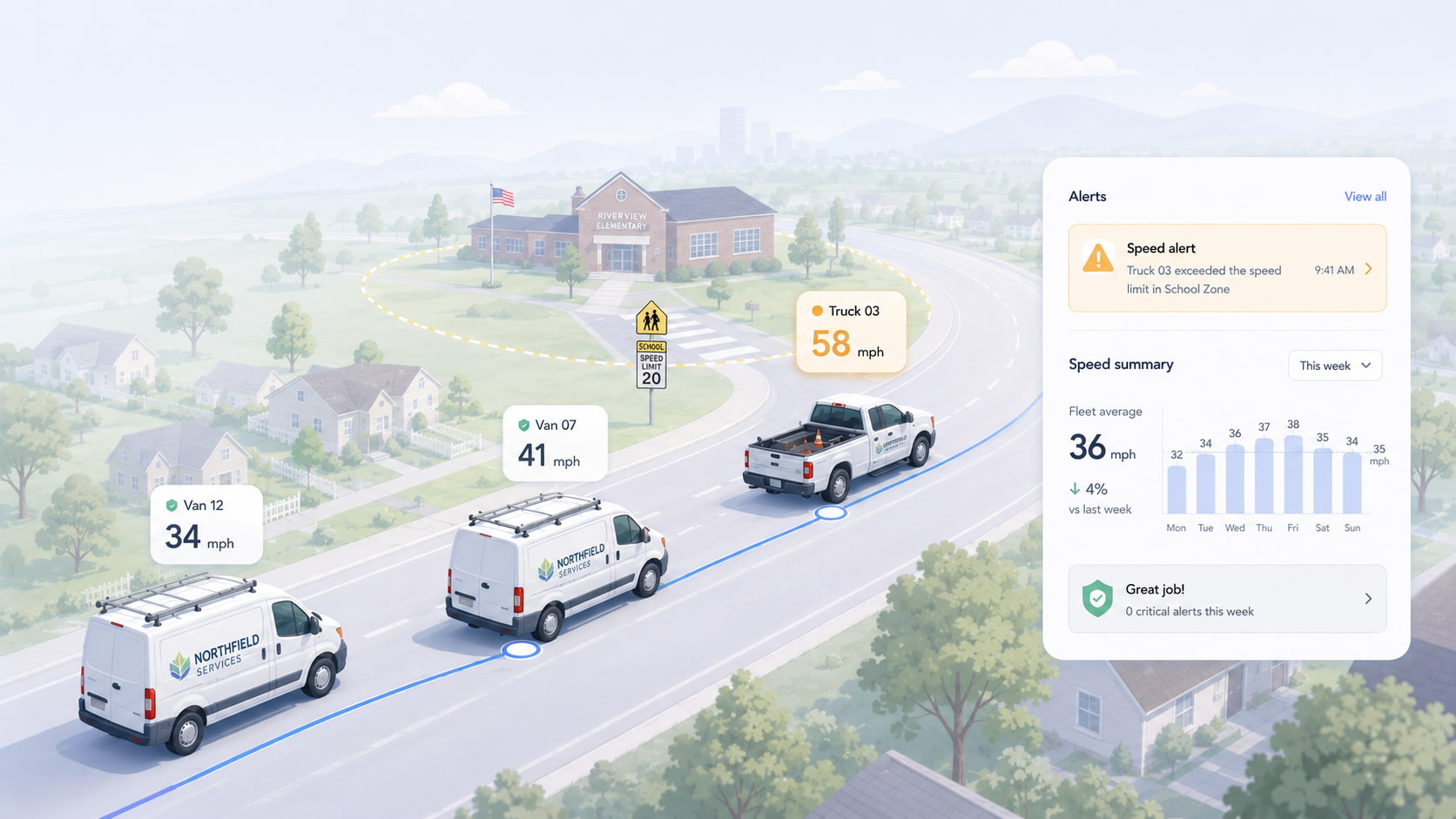Monitoring driver speed in company vehicles with GPS speed alerts for a small service fleet