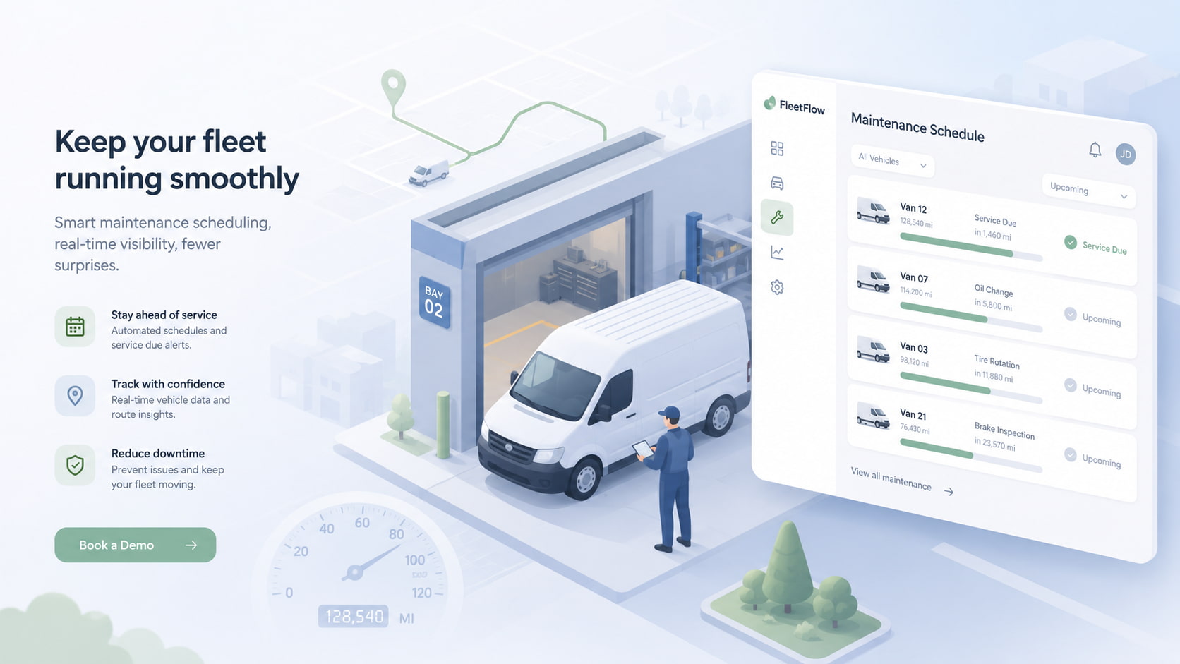 Isometric illustration of a service van in a repair bay with a fleet maintenance schedule dashboard
