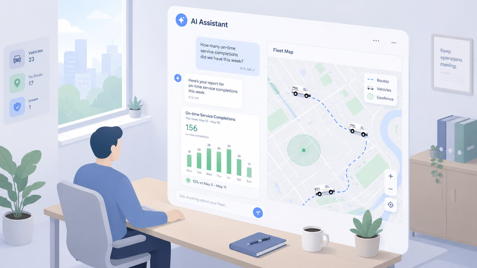 Isometric scene of a small-fleet manager asking a natural-language AI fleet assistant a question with a fleet map and report card