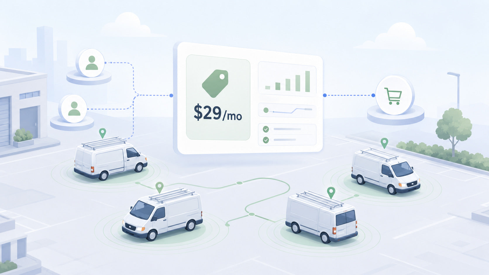  Isometric service-fleet vans with a price-tag panel and reseller-network diagram, Geotab pricing 2026