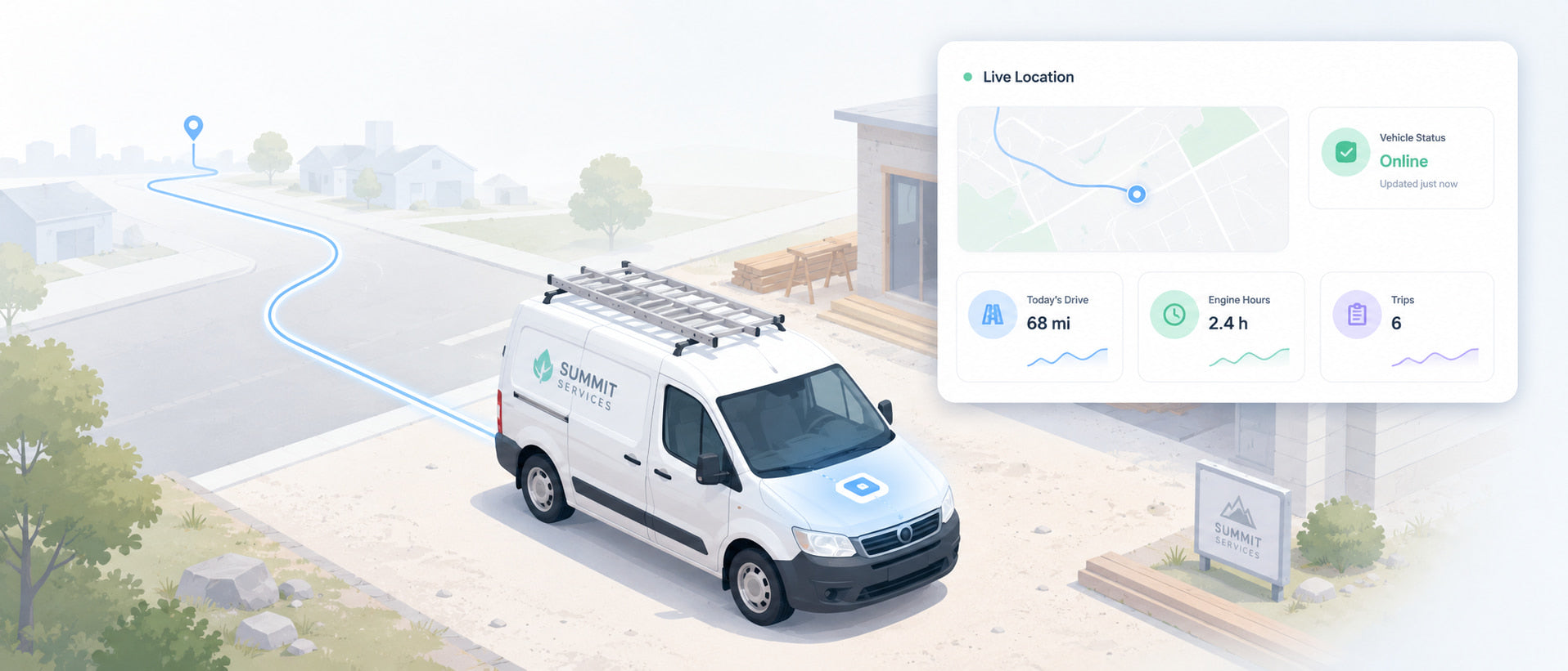 Hardwired GPS tracker installed in a small service fleet vehicle, fleet dashboard with route lines