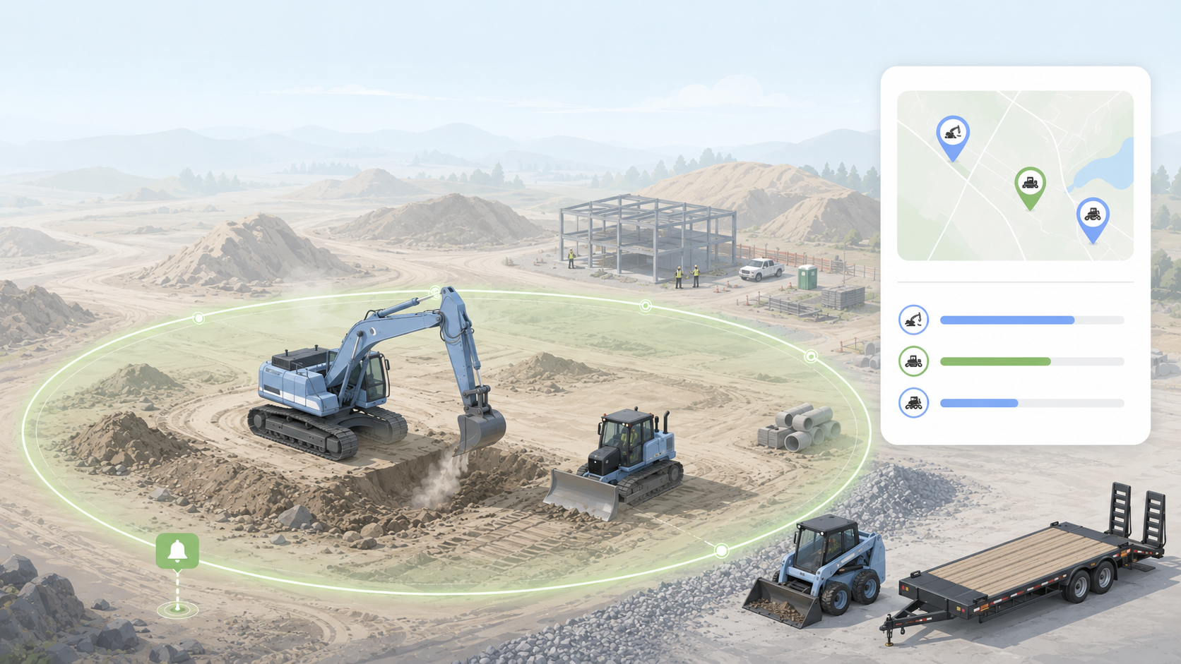 Isometric construction job site with excavator, bulldozer, skid steer, and trailer inside a translucent geofence boundary, GPS dashboard panel showing alerts