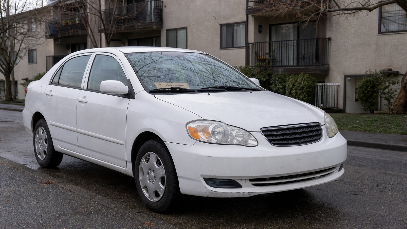 Compact sedan parked outside a residential building at dawn — typical Turo host vehicle staging before a trip.