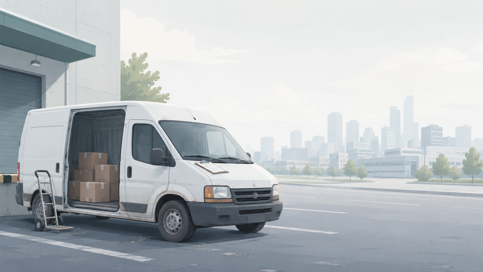 Cargo van parked at downtown loading zone with packages and dolly, courier fleet tracking