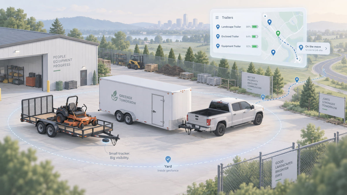 Trailer GPS tracker on a service fleet trailer, with a map showing trailer locations and battery status