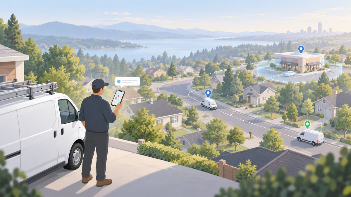 Illustration of a service van on a route with a phone showing a fleet tracking app map